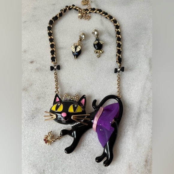betsey johnson black cat whimsical necklace and mouse earrings - Picture 1 of 8